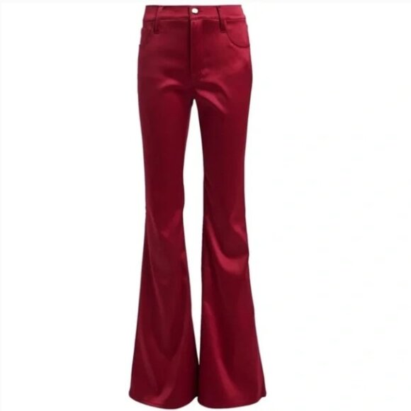 J Brand Mid-Rise Satin Flared Flat Front Pants valentina opium red 26 - Picture 2 of 8